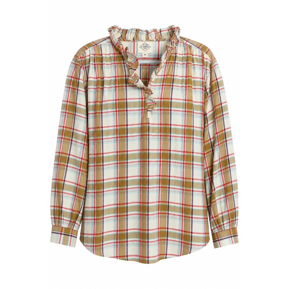 St Johns Bay Womens 3X Plaid Ruffle Neck Blouse Long Sleeve Cotton NWT